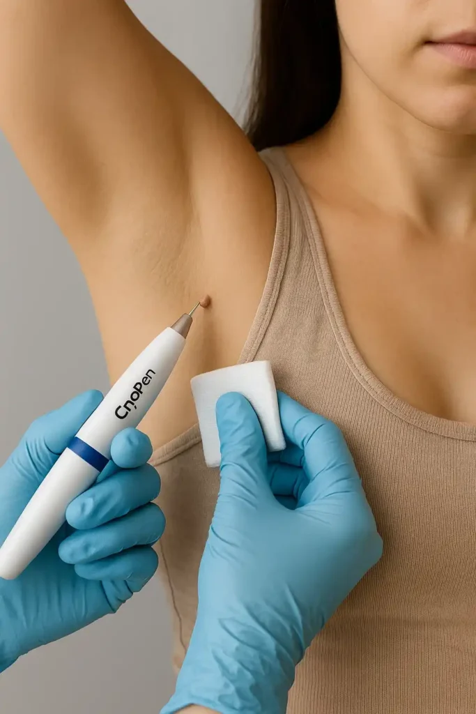 woman having cryopen to remove underarm skin tags Buckinghamshire