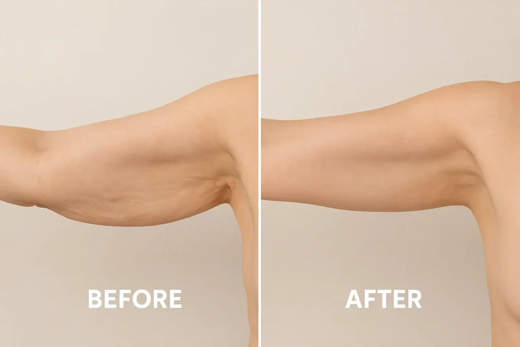 Picture of LA LIPO Buckinghamshire before and after results of skin tightening treatment on the upper arms.