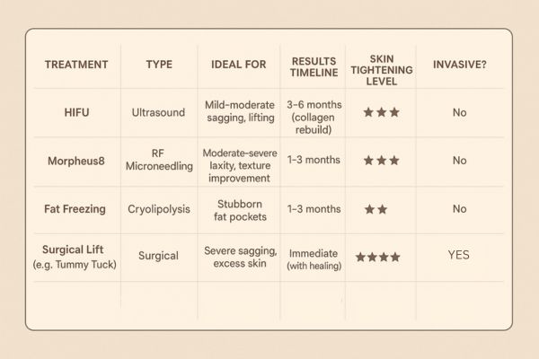 Table showing the comparisons of Skin tightening Buckinghamshire treatment options.